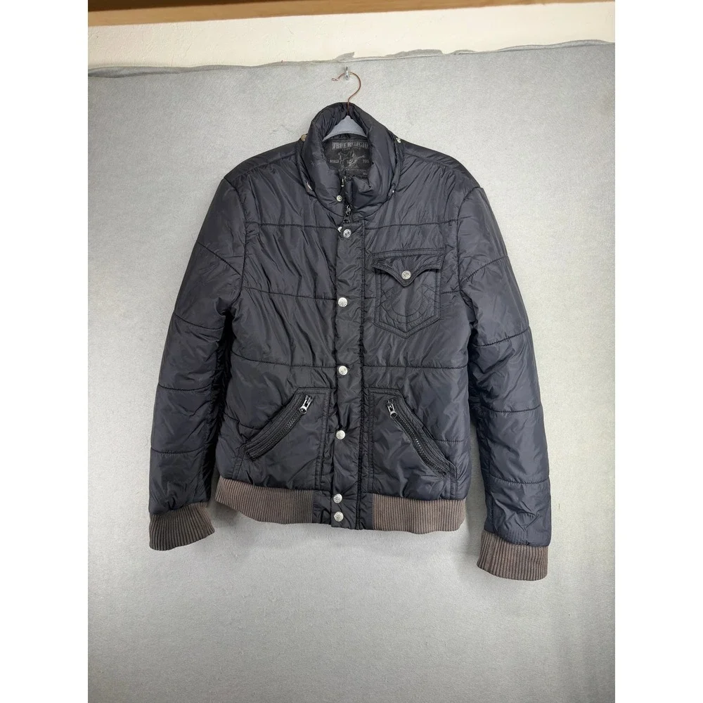 True Religion Y2K Mens Black Quilted Puffer Bomber Jacket Size Large w tear flaw